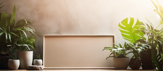 Poster - A vintage wooden table displays a mock up photo frame surrounded by lush monstera leaves and aloe vera plants in clay pots creating a visually appealing room interior. with copy space image