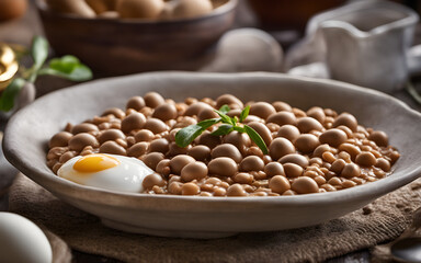 Wall Mural - Egyptian ful medames, mashed fava beans, olive oil, egg, traditional bowl, bright morning setup