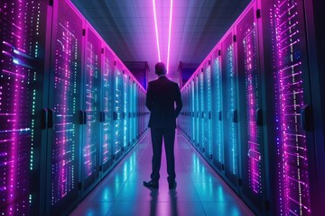 Poster - A man standing in a server room, suitable for technology concepts