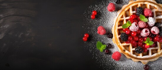 Aufkleber - A top down view of a food background showcasing organic and healthy Belgian waffles served as a Christmas and New Year dessert option on a menu The image provides ample copy space for text