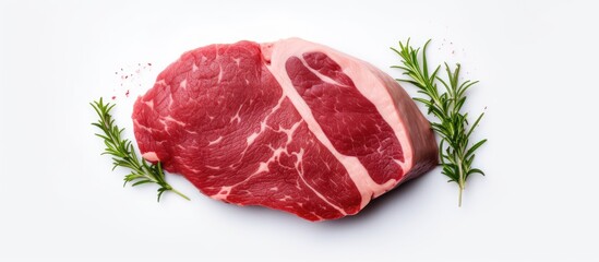 Sticker - A top down view of a raw veal steak fillet on a white background There is ample copy space for adding text or graphics to the image