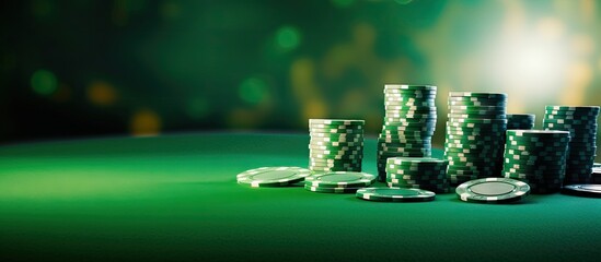 Poster - Green table with a border background of casino chips providing ample copy space for the image