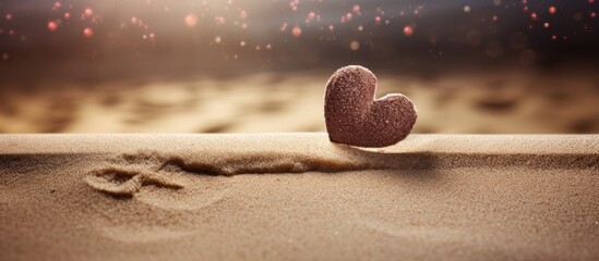 Poster - A romantic Valentines day background with love written in sand in front of a wooden backdrop perfect for product displays Copy space image