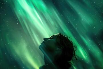 a woman gazing up at the beautiful aurora lights. perfect for travel and nature concepts