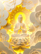 Paper cutout,Guanyin meditates in the centre,lotus flower,Auspicious clouds，golden light from behind. AI Generative