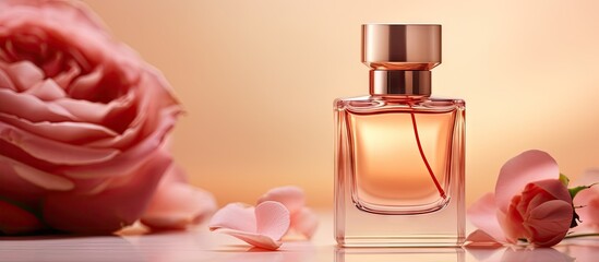 Aufkleber - Close up copy space image of a pink and gold fragrance bottle placed on a rose colored paper background