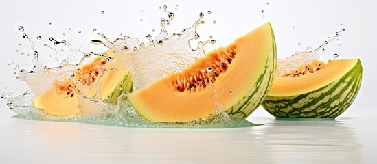 Wall Mural - A copy space image of a cantaloupe melon is shown with water droplets splashing and the fruit sinking set against a white background