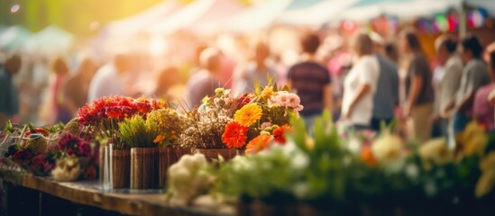 Aufkleber - Image of people shopping at a flower market fair with a blurred background and bokeh effect. with copy space image. Place for adding text or design
