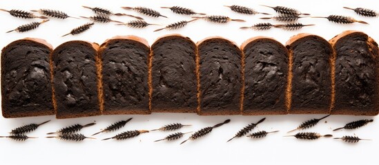 Poster - A food background with a view from above showing decorative edging pieces of black rye bread on a white surface creating an isolated border pattern. with copy space image