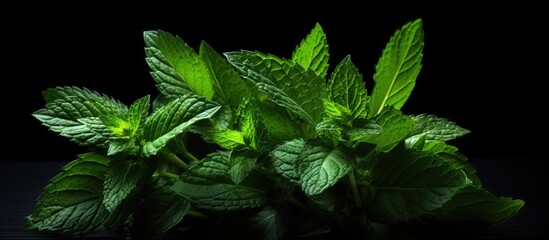 Aufkleber - A bunch of mint leaves on a black background providing a copy space image