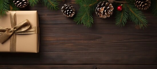 Poster - A festive border of fir branches cones and a gift box wrapped in kraft paper rests on a wooden background The image captured from above leaves room for adding text or other elements