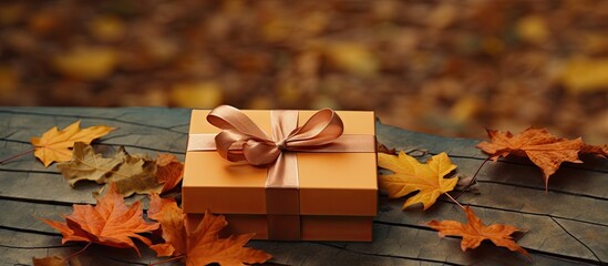 Aufkleber - A gift box surrounded by fallen leaves in the colors of autumn with ample copy space Perfect for special occasions like anniversaries birthdays weddings honeymoons Christmas or Valentines day