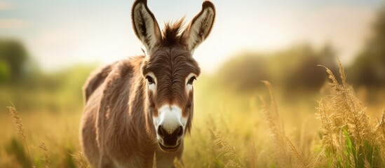 Aufkleber - Closeup image of a donkey grazing with ample copy space
