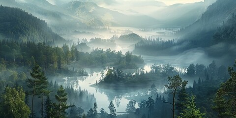 Wall Mural - Landscape of a forest valley with a river covered in fog in the morning****