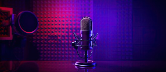 Aufkleber - The sound recording studio showcases a professional microphone against a vibrant purple background making it a perfect backdrop for a podcast or recording studio There is ample copy space available fo