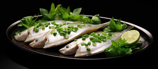 Poster - A white Pomfret fish is presented on black plates accompanied by fresh green coriander creating a copy space image