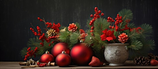 Aufkleber - A festive arrangement of Christmas decorations toys and spruce branches against a neutral grey background The image signifies the arrival of a new year with the inscription happy New Year