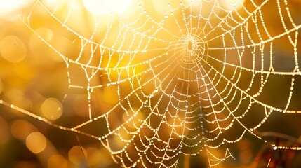 Glistening spider web against golden sunrise light, a symbol of natural artistry
