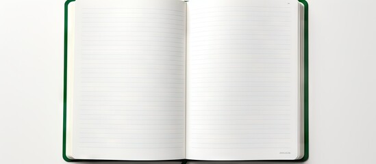 Poster - A white background displays a blank green notebook providing ample copy space for written content or imagery