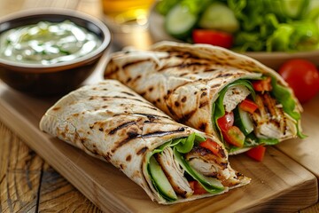 Wall Mural - Delicious wraps filled with grilled vegetables, lean proteins, and creamy spreads, wrapped in soft tortillas or lettuce leaves