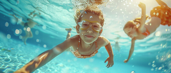 Children swim in the outdoor pool on a sunny summer day