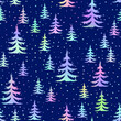 Shiny holographic winter forest Scandinavian seamless pattern. Vector foil New Year print, Christmas tree background, frozen spruce dark blue texture with fir tree for paper, fabric, decor, gift wrap.