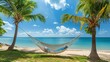 Hammock strung between two palm trees on a beach, overlooking the ocean and sky, designed for ultimate relaxation
