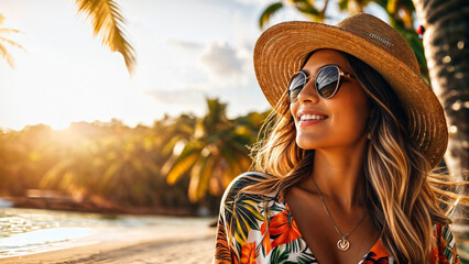 stylish casual woman enjoying sun at tropical beach