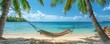 Hammock nestled between two palms on a sandy shore, panoramic view of the ocean and sky, symbol of serenity