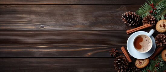 Poster - A Christmas themed composition featuring spruce branches pinecones a cup of coffee with cookies on a wooden background Great for festive greetings or cards Includes copy space viewed from above