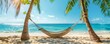 Hammock nestled between two palms on a sandy shore, panoramic view of the ocean and sky, symbol of serenity