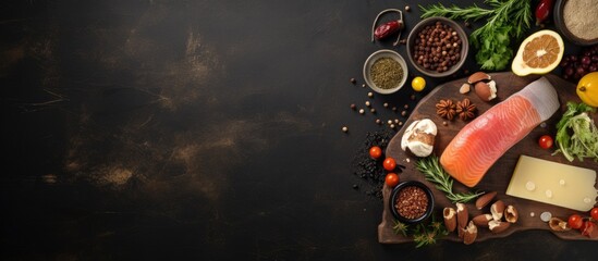 Leinwandbilder - Copy space image Raw fish meat poultry cheese fruits vegetables olive oil and peanuts arranged on a dark brown marble surface along with a wooden cutting board seen from the top view