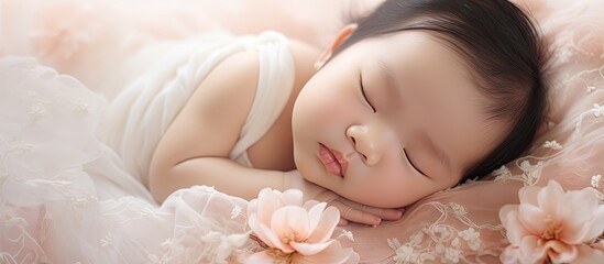 Poster - Newborn Asian baby girl peacefully sleeping on a lace with a delicate flower pattern creating an adorable photo concept with ample copy space image
