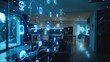 © Npicture - Connected devices in a modern smart home interior. Blue digital symbols floating nearby.