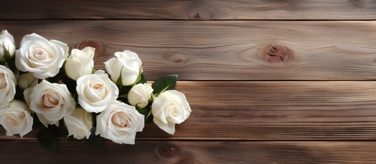 Aufkleber - A romantic wedding ceremony ambiance with copy space image featuring white roses on a rustic wooden plank background perfect for Valentine s Day