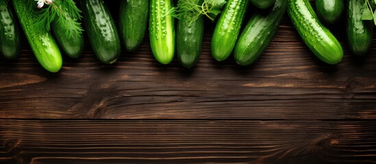 Aufkleber - A top down view of fresh cucumbers displayed on a rustic wooden table providing ample space for text and creating a visually appealing copy space image