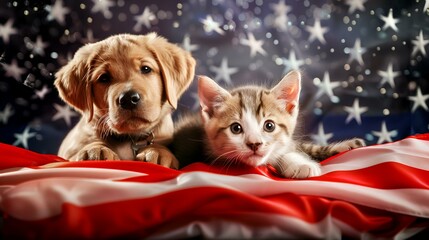 Wall Mural - Golden retriever puppy and tabby kitten lying on American flag.