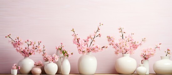 Poster - A delightful arrangement of petite pink flowers in ceramic vases adorns a tabletop creating a charming eco friendly decor with copy space image