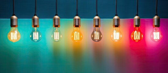 Wall Mural - Vintage incandescent Edison type bulbs on a colorful wall illustrating the idea and leadership concept with copy space image