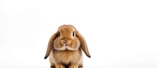 Poster - A cute brown Holland Lop rabbit is seen in a close up shot on a white background isolated and with copy space