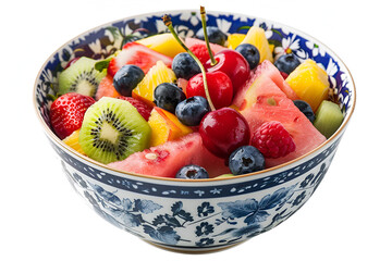 Wall Mural - Fruit salad with watermelon, strawberry, cherry, blueberry, kiwi, raspberry and peaches in a bowl on white background