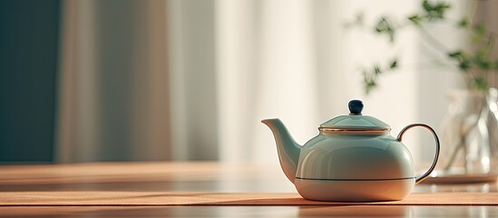 Poster - An elegant teapot placed on a bright table in a well lit room creating a photograph with ample copy space image