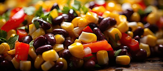 Aufkleber - A close up image of a flavorful bean and corn salad topped with pepper set against a background with ample copy space