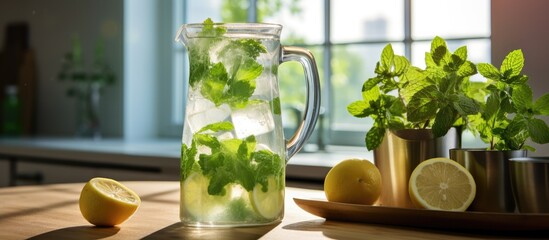 Leinwandbilder - A refreshing jug of homemade mojito sits on the kitchen table providing an inviting copy space image