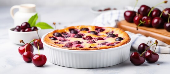 Poster - A homemade cherry clafoutis a traditional French dessert is displayed on a white baking dish placed on a white wooden background There is ample copy space available