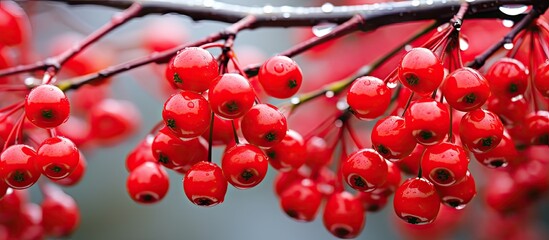 Fototapete - A close up photo of a vibrant dogwood tree brimming with ripe red berries glistening with raindrops ready to be used as a copy space image for graphic materials wallpapers and backgrounds
