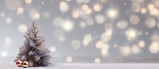 Winter holiday backdrop with a marble table top and an abstract blur Christmas tree The background features a string of decorated lights and bokeh lights This serves as a mock up banner to display pr