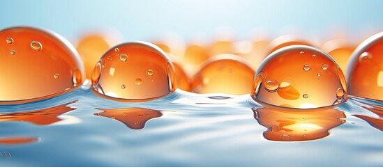 Poster - Bright round gel balls made of orange hydrogel are displayed against a transparent water texture serving as a fresh and colorful background for a copy space image