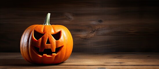 Aufkleber - A Halloween pumpkin head jack o lantern placed on a wooden background providing ample copy space for displaying festive images