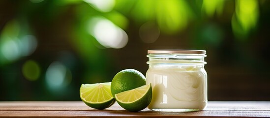 Aufkleber - Wooden surface with a copy space image featuring a jar of refreshing lime infused natural moisturizer cream